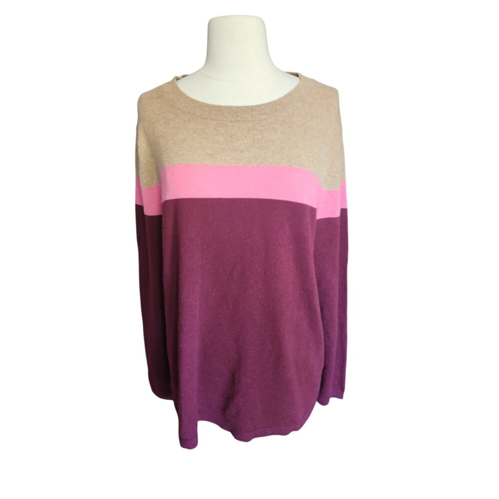 Lands' End Colorblock 100% Cashmere Pullover Sweater Womens 1X Maroon Preppy NWT